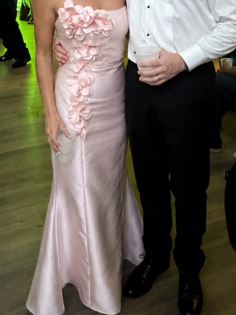 Bari Jay Strapless Light Pink Satin Gown with 3D Floral Appliqués